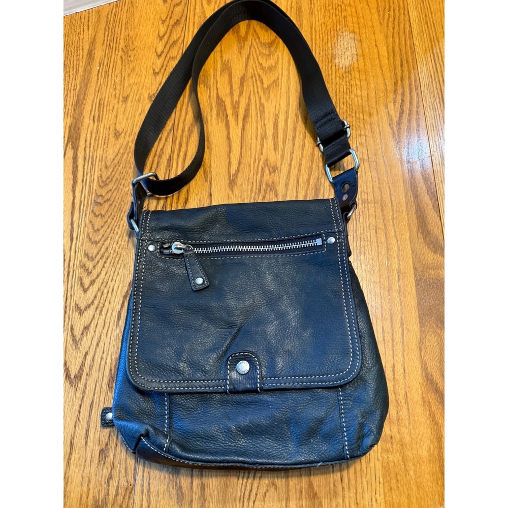 Fossil 75082 Black Leather Crossbody Messenger Organizer Bag Contrast Stitch